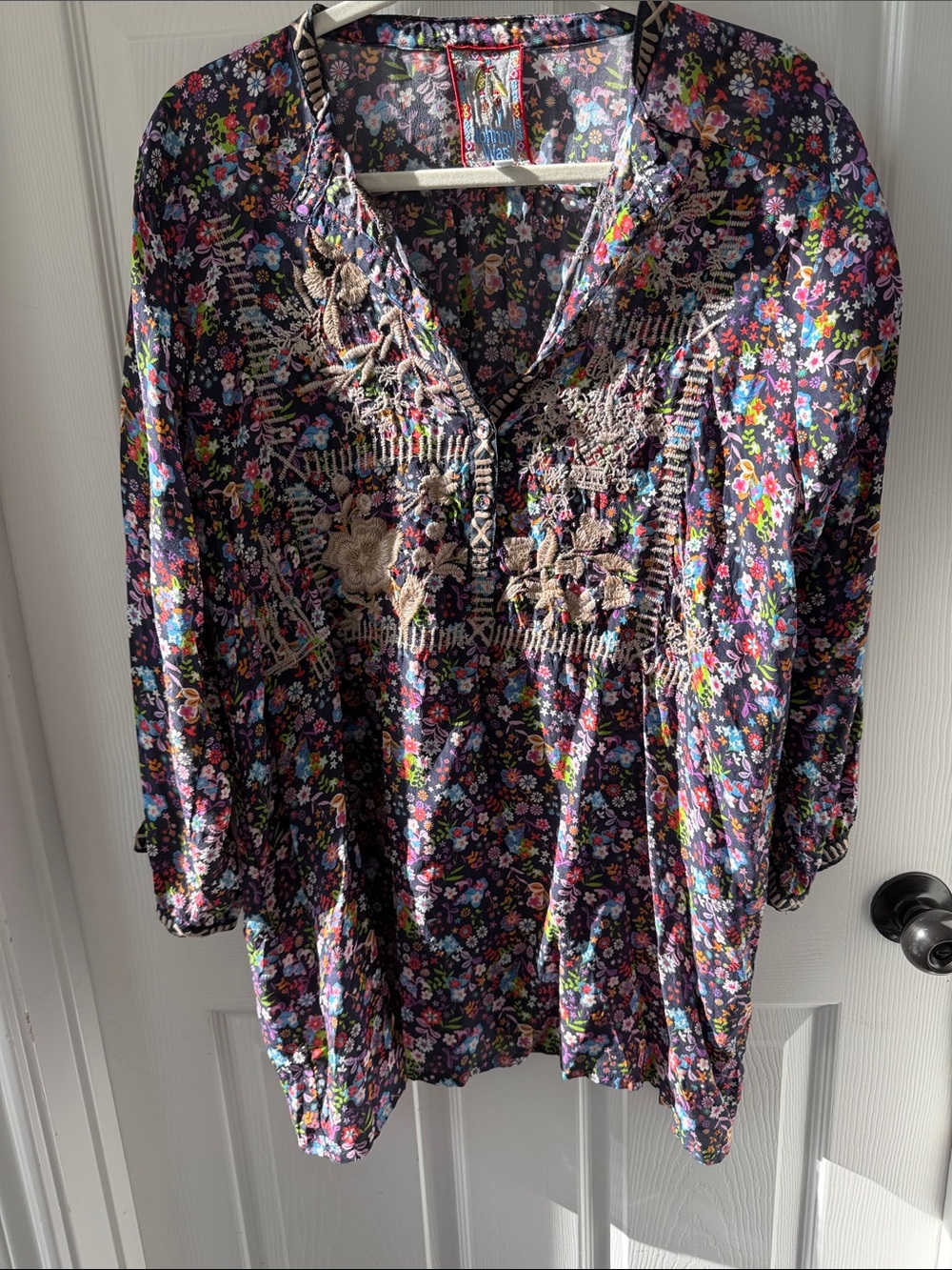 Johnny Was Navy Floral Embroidered Peasant Tunic-Silk